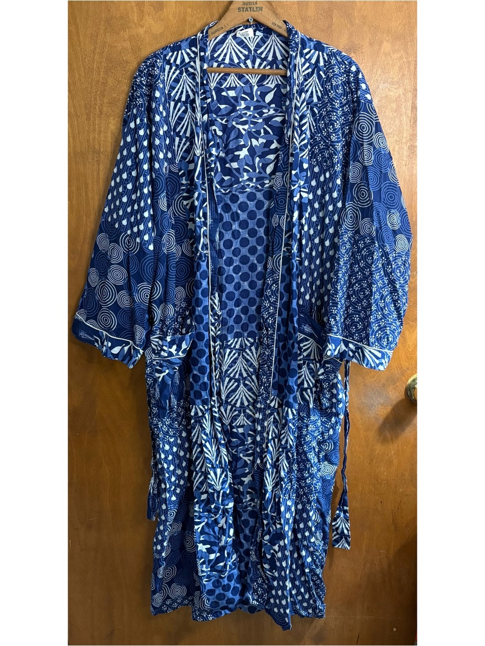 Blue Patchwork Print 100% Cotton Longline Robe Kimono Boho Lagenlook Nautical